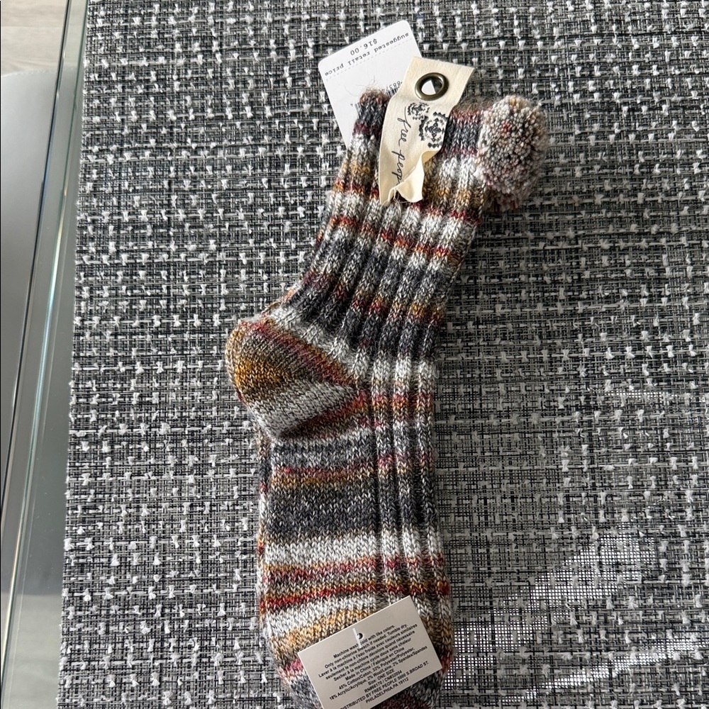 Free People Gray Multicolor Striped Ribbed Crew Socks with Pom